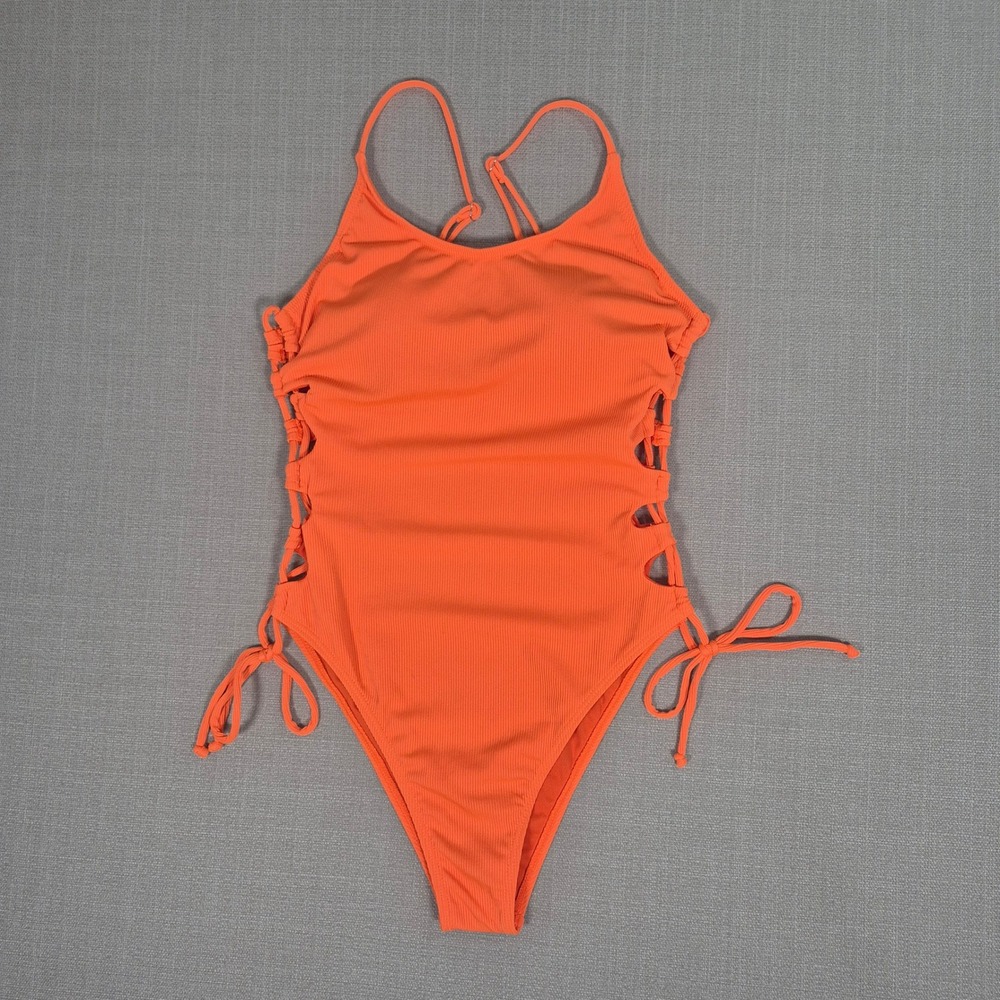 Orange Ribbed Lace Up High Cut One Piece Swimsuit Size M NWOT